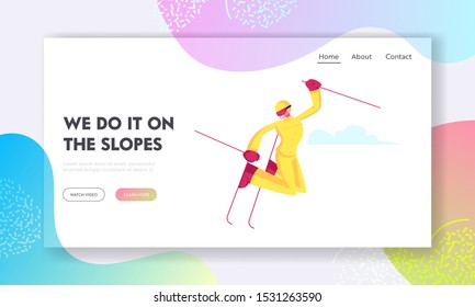 Winter Sports Activity and Sparetime Website Landing Page. Young Woman Freestyle Skiing in Mountains Riding Jumping Downhills by Skis. Wintertime Fun Web Page Banner. Cartoon Flat Vector Illustration