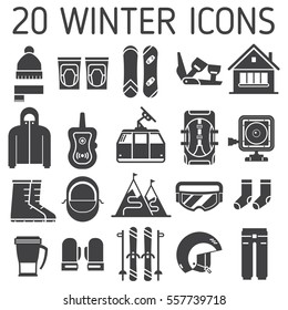 Winter sports and activity vector icon set. Mountain ski and snowboard equipment collection. Ski resort outline icons. Winter active lifestyle element with skiing and snowboarding gear and essentials.