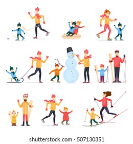 Winter sports with adult children. Family outdoors in winter. Skiing, skating, snowboarding, hockey. Snowman. Characters. Flat design vector illustration.