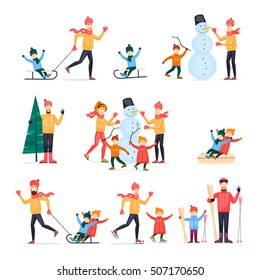 Winter sports with adult children. Family. Skiing, skating, snowboarding, hockey. Characters. Flat design vector illustration.