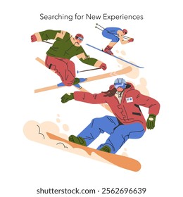 Winter sports adventure concept. Enthusiastic skiers glide down snowy slopes, embodying the thrill of new experiences. Dynamic posture, bright attire. Vector illustration.