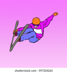 Winter sports - Aerial skiing (half-pipe, superpipe or slopestyle). Freestyle skier during a jump . Aerialist on ski isolated on pink background. Flat style clip art.