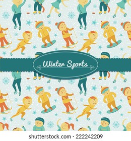 Winter Sports background with children, vector illustration in doodle style with ribbon and label for  text