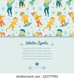 Winter Sports background with children, vector illustration in doodle style with space for text