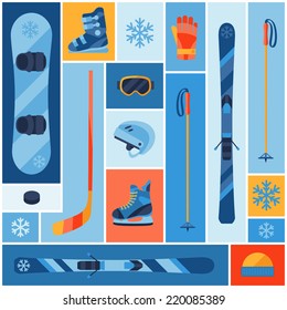 Winter sports background with equipment flat icons.