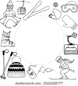 Winter sports background with ski equipment elements in circle with space for text. Vector Winter activities frame with snowboarding, skiing equipment and other icons in graphic line art design.