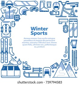 Winter sports background with snow games elements in circle with space for text. Winter activities border frame card with snowboarding, skiing equipment and other icons in line art design.