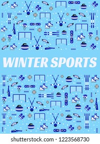 Winter sports background. Sporting equipment vector poster. Ice hockey, skating, skiing, snowboarding, biathlon advertising. Activities cover with text for season decoration, competition, schools