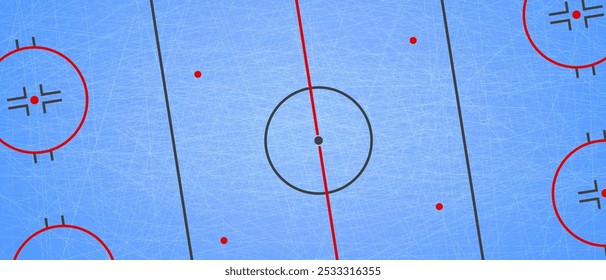 Ilustración vectorial de fondo de deportes de invierno. Diseño de vista superior de pista de hockey sobre hielo. Campo de patinaje sobre una textura helada azul con marcado. Fondo de pantalla de actividades invernales y juegos deportivos. Azul, blanco y rojo