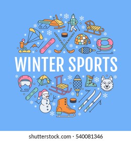 Winter sports banner, equipment rent at ski resort. Vector line icon of skates, hockey sticks, sleds, snowboard, snow tubing hire. Cold season outdoor activities template with place for text.