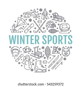 Winter sports banner, equipment rent at ski resort. Vector line icon of skates, hockey sticks, sleds, snowboard, snow tubing hire. Cold season outdoor activities template with place for text