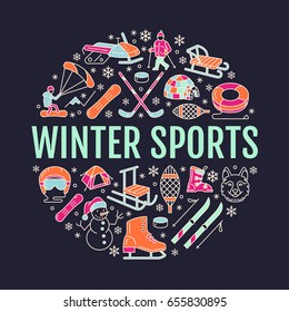 Winter sports banner, equipment rent at ski resort. Vector line icon of skates, hockey sticks, sleds, snowboard, snow tubing hire. Cold season outdoor activities template with place for text.