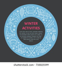 Winter sports banner, equipment rent at ski resort. Vector line icon of skates, hockey sticks, sleds, snowboard, snow tubing hire. Cold season outdoor activities template with place for text.