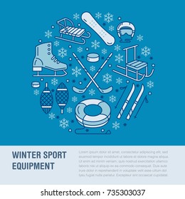 Winter sports banner, equipment rent at ski resort. Vector line icon of skates, hockey sticks, sleds, snowboard, snow tubing hire. Cold season outdoor activities template