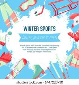 Winter sports banner vector illustration. Equipment for winter season such as sledge, snowboard, skates, skis and hockey stick. Pieces of clothing for cold weather hat, jacket.