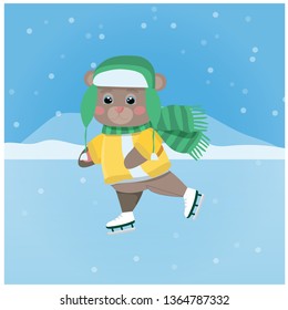 Winter sports, bear on skates on ice skating, animal in winter clothes hat, scarf and jacket. Cartoon vector illustration on background.