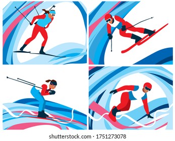 Winter sports. Biathlon, slalom, skiing and snowboarding
