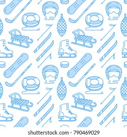 Winter sports blue colored seamless pattern, equipment rental at ski resort. Vector flat line icons - skates, hockey sticks, sleds, snowboard, snow tubing. Cold season outdoor activities.