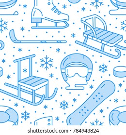 Winter sports blue seamless pattern, equipment rental at ski resort. Vector flat line icons - skates, hockey sticks, sleds, snowboard, snow tubing. Cold season outdoor activities, snowflakes.