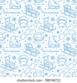 Winter sports blue seamless pattern, equipment rental at ski resort. Vector flat line icons - skates, hockey, helmet, sleds, snowboard, snow tubing. Cold season outdoor activities, snowflakes.