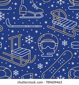 Winter sports blue seamless pattern, equipment rental at ski resort. Vector flat line icons - skates, hockey sticks, sleds, snowboard, snow tubing. Cold season outdoor activities, snowflakes.