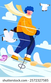 Winter sports boy skiing minimal illustration