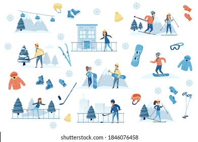 Winter sports bundle of flat scenes. People play hockey, skating and skiing isolated set. Skis, skates, snowboard, hockey stick and sportswear elements. Wintertime vacation cartoon vector illustration