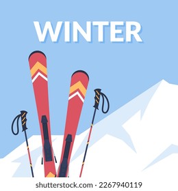 Tarjeta deportiva de invierno o diseño de banner con esquís en esquisto de nieve en el fondo de montaña, ilustración vectorial plana. Banner de actividad deportiva de invierno o plantilla de afiches.