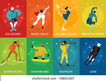 Winter sports cards set with luge freestyle ice hockey short track alpine skiing figure skating isolated vector illustration  