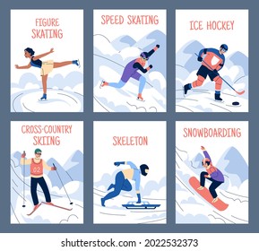 Winter Sports Cards. Ski And Skating, Snowboarding And Hockey, People On Ice Rink, Track And Snow, Professional Athletes Downhill Skiing Posters Vector Cartoon Isolated Set