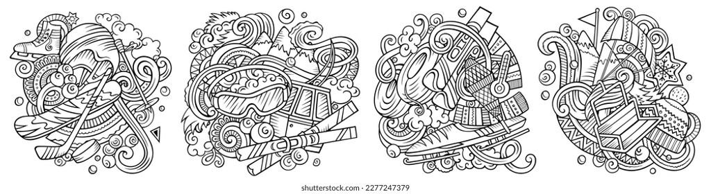 Winter sports cartoon vector doodle designs set. Sketchy detailed compositions with lot of cold season objects and symbols.