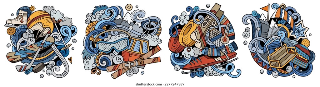 Winter sports cartoon vector doodle designs set. Colorful detailed compositions with lot of cold season objects and symbols. Isolated on white illustrations