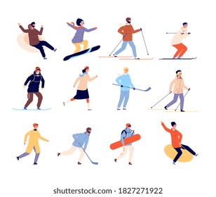 Winter sports characters. Active skate, skier and snowboard people. Isolated young girl boy holiday or vacation on snow vector illustration