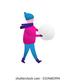 Winter sports with  child making snowman. Vector scene with boy holding snowball . Flat character isolated on white background. Christmas design for greeting card, poster, banner.