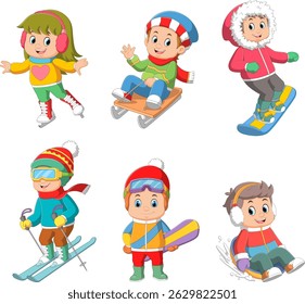 Winter sports for children. Colorful cartoon characters of illustration