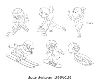 Deportes de invierno para niños (esquí). Patinaje artístico. Snowboard. Luge. Curling. Hockey sobre hielo). Personajes de caricatura. Graciosa ilustración vectorial. Libro de colorear. Aislado sobre fondo blanco