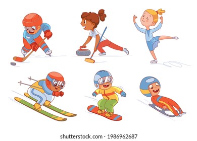 Winter sports for children ( Skiing. Figure skating. Snowboarding. Luge. Curling. Ice hockey ). Colorful cartoon characters. Funny vector illustration. Isolated on white background