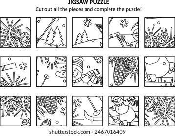 Winter sports, Christmas or New Year jigsaw puzzle with skiing snowmen. Print and cut out all the pieces to complete the puzzle.
