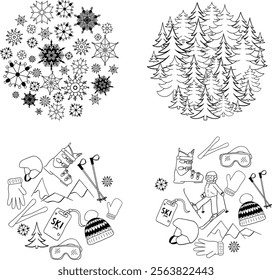 Winter sports circle round composition set graphic line illustration. vector composition Ski resort winter season monochrome 
