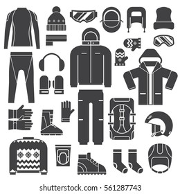 Winter sports clothes and accessories for active lifestyle outline icons. Skiing and snowboarding winter sportswear and warm dress silhouettes. Snow activities and sports clothing set in monochrome.