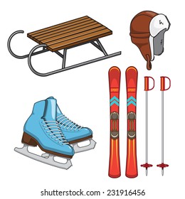 Winter sports collection. Equipment elements isolated on white. Eps 10 vector illustration.