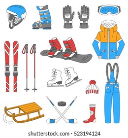 Winter sports collection, isolated on white background, hand drawn vector illustration.