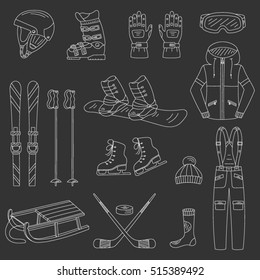 Winter sports collection and snowboard equipment, isolated on chalkboard background,  hand drawn vector illustration. 