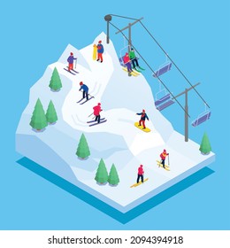 Winter sports composition with people snowboarding and skiing downhill using ski lift on blue background 3d isometric vector illustration