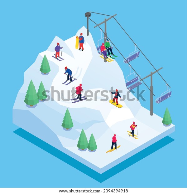 Winter sports composition with people\
snowboarding and skiing downhill using ski lift on blue background\
3d isometric vector\
illustration