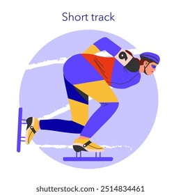 Winter Sports concept. Athlete poised for a short track speed skating race. Dynamic posture of competition readiness, ice skates, and colorful uniform. Vector illustration.