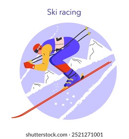 Conceito de esportes de inverno. Atleta rapidamente desce pista nevada na competição de corridas de esqui. Aventura na montanha, desafio de velocidade de esqui alpino. Ilustração vetorial.