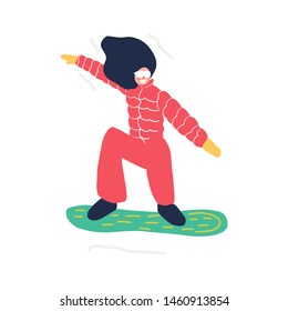 Winter sports concept. Cute hand drawn cartoon character.  Girl is snowboarding