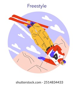 Winter sports concept. Dynamic freestyle skier performing aerial tricks against a snowy mountain backdrop. Action, adventure, and outdoor excitement. Vector illustration.