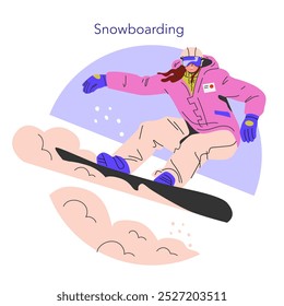 Concepto de deportes de invierno. Snowboarder dinámico tallando una pendiente nevada en equipo elegante. Acción, aventura y estilo de vida de montaña. Ilustración vectorial.